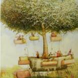 Painting titled "tree fligt" by Remigijus Januskevicius, Original Artwork, Oil