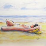Dessin intitulée "Nue sur la plage" par René Blanchet, Œuvre d'art originale, Pastel