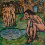 Painting titled "Nymphes - peinture…" by Robert Gibson, Original Artwork, Oil Mounted on Wood Stretcher frame