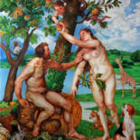 Pintura titulada "Adán y Eva en el pa…" por Ruiz De Azúa Juan Carlos, Obra de arte original, Oleo