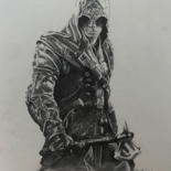 Drawing titled "Assassin's Creed" by Sandrine Royer, Original Artwork, Graphite Mounted on Glass