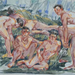 Drawing titled "Friends on a nudist…" by Sergey Sovkov, Original Artwork, Watercolor