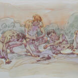Drawing titled "Three guys on a san…" by Sergey Sovkov, Original Artwork, Conté