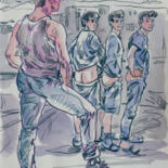 Zeichnungen mit dem Titel "Naked Ass Team" von Sergey Sovkov, Original-Kunstwerk, Aquarell