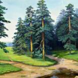 Painting titled "Pine trees." by Sergey Lutsenko, Original Artwork, Oil Mounted on Wood Stretcher frame