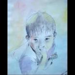 Drawing titled "ENFANT TIBETAIN" by Sandrine Lopez De Arias - Sla, Original Artwork