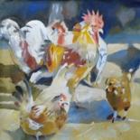 Painting titled "Roosters and Hens" by Stan Bigda, Original Artwork, Oil