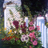 Painting titled "The Hollyhocks gard…" by Sunshine Amos, Original Artwork, Acrylic