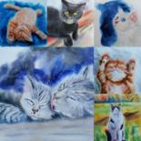 Картина под названием "Сute cats / Chats m…" - Tatianaku, Подлинное произведение искусства, Акварель