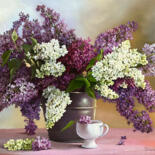 Painting titled "Lilac in a bucket" by Tatjana Cechun, Original Artwork, Oil