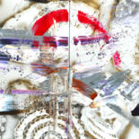 Painting titled "Abstract White Red" by Tiny De Bruin, Original Artwork, Acrylic Mounted on Wood Panel