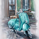 Schilderij getiteld "Vintage Vespa on Ca…" door Tonya Seiler, Origineel Kunstwerk, Olie Gemonteerd op Houten paneel