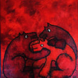 Red Dogs 2 Painting titled "Red Dogs 2" by Ulla Bolin, Original Artwork, Oil Mounted on Wood Stretcher frame