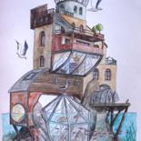 Drawing titled "la maison phare" by Un Monde Plus Mieux, Original Artwork, Watercolor