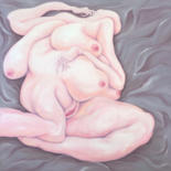 Painting titled "Lying nude on gray…" by Unos Lee, Original Artwork, Oil Mounted on Wood Stretcher frame