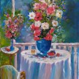 Painting titled "Summer garden" by Marina Dinin, Original Artwork, Oil Mounted on Wood Stretcher frame