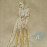Zeichnungen mit dem Titel "Nackte Frau auf dem…" von Victoria Richters, Original-Kunstwerk, Conté-Buntstifte
