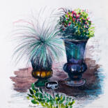 Картина под названием "Flowerpots, flower…" - Виктория Гаман, Подлинное произведение искусства, Акварель
