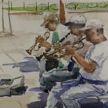 Картина под названием "3 musiciens à San S…" - Vincent Monluc, Подлинное произведение искусства, Акварель