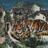 Peinture intitulée "Tigre dans la ville" par Wa Wong, Œuvre d'art originale, Encre