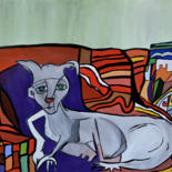 Painting titled "Le chat" by Yanka, Original Artwork, Gouache Mounted on Wood Stretcher frame