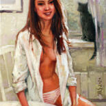 Painting titled "Morning Coffee in P…" by Yaroslav Sobol, Original Artwork, Oil Mounted on Wood Stretcher frame