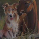 Painting titled "Dog & horse" by Liubov Aristova, Original Artwork, Oil